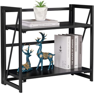 FurnitureR Multifunktionales Klappregal mit 2 Holzregalen und Stahlrahmen - Industrieller moderner Stil, Schwarz - Ideal für Wohnzimmer, Büro, Küche, Esszimmer