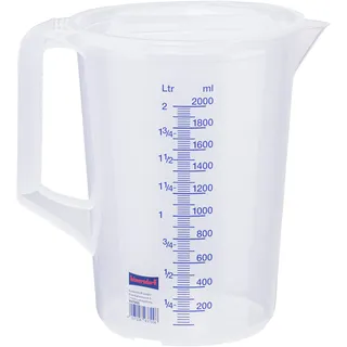 Hünersdorff Messbecher 2l | Polypropylen (PP) | bruchsicher und spülmaschinengeeignet | geschlossener Griff | blaue Skala, Transparent+blau