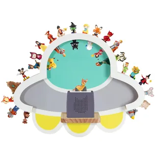 Todeco Tonie-Regal, Magnetisches Wandregal für Tonies & Toniebox, UFO | Aufbewahrung für 30-40 Tonie, kompatibel mit Toniebox-Ladestation, Premium-Holz, inkl. Wandmontageset, für Kinderzimmer