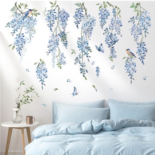 decalmile Wandtattoo Hängende Rebe Blumen Blau Wandaufkleber Blüten Wisteria Ast Pflanzen Wandsticker Schlafzimmer Wohnzimmer Sofa Wanddeko