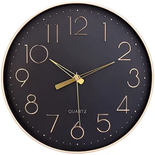 Topkey Schwarze Wanduhr 12" geräuschlose Nicht tickende arabische Ziffernuhr runde dekorative Wanduhr für Wohnzimmer, Schlafzimmer, Küche (Batterie Nicht enthalten) Goldene Zahlen