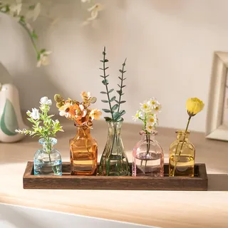 Glasseam Glas Kleine Vasen für Tischdeko: 5 Mini Vasen Set mit Holztablett | Stilvolle Glasvase Bunt, Blumenvase Klein, Wohnzimmer, Esstisch, Frühlingsdeko, Home Deko, Geburtstag Party Geschenk