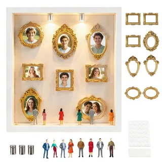 Mini Museum Bilderrahmen, 8 Stück Mini Bilderrahmen Vintage mit 8 Figuren und 3 LED-Leuchten, Mini Frames Gold im Barockstil mit Klebepads, für DIY Fotos, Geschenke und Ausstellungszwecke (Weiß)