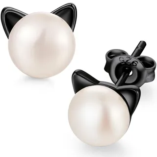 jiamiaoi Katze Ohrringe Kinder Ohrringe Katze Ohrstecker Perle Katzen Ohrringe Silber 925 Perle Katzen Schmuck Echte Perlenohrringe Kazte Deco Katzen Ohrringe für Mädchen Damen