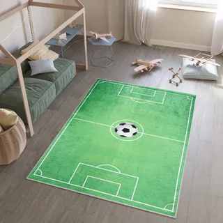 TAPISO Emma Kinderteppich Grün Fußball Antirutsch 160 x 230 cm | Waschbar bei 30 Grad bedruckter Kinderteppich Kinderzimmer Jugendzimmer Modern OEKO-TEX