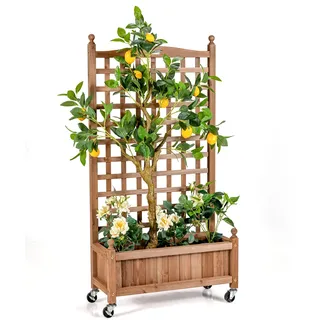 GOPLUS Blumenkasten mit Rankgitter, Pflanzkasten mit Rollen, Hochbeet aus Tannenholz, Pflanzgefäß mit Sichtschutz, Blumentopf Balkon für Kletterpflanzen, Blumen, Früchte, 64 x 28 x 127 cm
