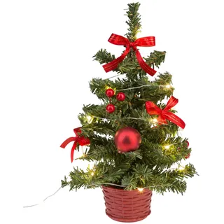 IDENA 31486 - Deko-Weihnachtsbaum mit 20 LED in Warmweiß, ca. 25 cm hoch, mit rotem Baum-Schmuck im Topf und USB-Anschluss, Deko für Innen, als Winter-, Advents- und Weihnachtsdeko