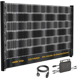 Sunbooster VERTICAL+ Zaun-Balkonkraftwerk 2,5m – bifaziale PV-Sichtschutzstreifen für Doppelstabmattenzaun, 468Wp, Komplettset mit Mikrowechselrichter 800W und 10m Schuko – steckerfertig, erweiterbar