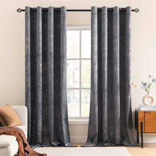MIULEE Samtvorhang Grau Verdunkelungsvorhang Ösen 2er Set B 140 x H 280cm,Vorhang Blickdicht Vorhänge Samt mit Goldfolie Muster für Deko Schlafzimmer Wohnzimmer Wärmeisolierende Velvet Curtains