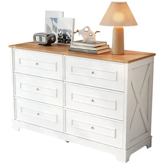 Redom Sideboard 120/40/76 cm mit 6 Schubladen, Ablagefläche und Landhausstil, Weiß/Natur , Holzwerkstoff , 120x76x40 cm , Kleinmöbel, Kommoden, Sideboards