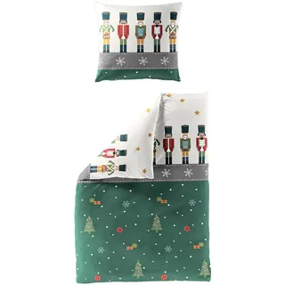 Traumschlaf Biber Bettwäsche Nussknacker jadegrün – warme Winterbettwäsche aus 100% Baumwolle – flauschig weich & temperaturausgleichend – im schönen Weihnachtsdesign – 135x200 cm + 80x80 cm