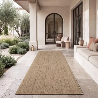TT Home Waschbarer In-& Outdoorteppich Wetterfest Garten Terrasse Esszimmer Boho Muster Unicolor Meliert Moderner Style Größe 80x150 cm - Beige
