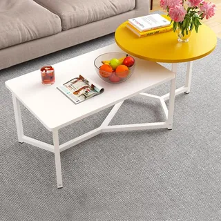 Shally Dogan Couchtisch für Esszimmer mit 2 Regalen, luxuriöses Design, elegant, runde und rechteckige Tischplatte, ideal für Wohnzimmer, Büro (Gelb)