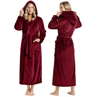NY Threads Damen Fleece-Bademantel mit Kapuze – Plüsch, langer Bademantel, Burgunder, X-Large