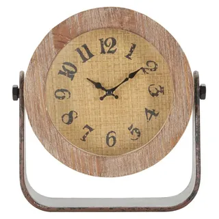 Tischuhr Round Vintage aus Holz, Rattan und Eisen