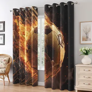 Generisch Vorhänge Flamme Fußball, Sport Jungen Fussball Vorhang Blickdicht mit Ösen, Gardinen Wohnzimmer Schlafzimmer Deko, Verdunklungsvorhänge 2er Set, 245 x 140 cm (H x B) K14