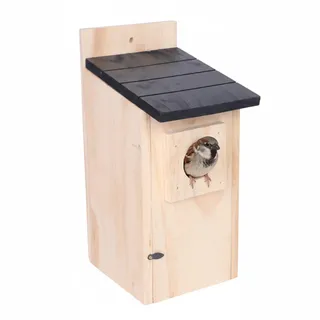 Relaxdays Nistkasten für Spatzen & Meisen, Kiefernholz, 35 mm Einflugloch, mit Klappe, Vogelhaus zum Aufhängen, Natur