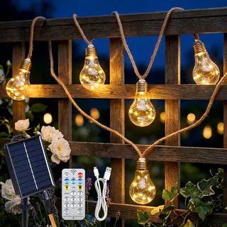 Ninonly Solar Lichterkette Aussen 8M 16 Glühbirnen Lichterkette Wetterfest | 8 Modi 160 Warmweiß LEDs Gartendeko für Außen, Vintage Hanfseil Solarlichterkette für Hochzeit Balkon Weihnachten Draußen