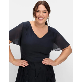 Abendkleid SHEEGO "Abendkleid", Damen, Gr. 48, Normalgrößen, tiefblau, 100% Polyester, Spitze:100% Polyester, unifarben, lang, V-Ausschnitt, Kleider Abendkleid