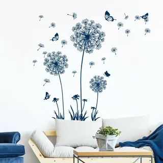 Tanlaby Blauer Löwenzahn Wandsticker Blumen Wandtattoo Pusteblume Schmetterlinge Wandaufkleber für Wohnzimmer Schlafzimmer Büros Sofa Hintergrund Hause Wanddekoration
