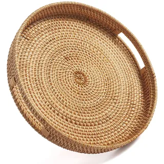 Runder Rattan Serviertablett mit Griff Gewebte Dekoratives Tablett für Couchtisch Osmanisches Natürlich (30cm x 5cm)