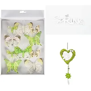 HEITMANN DECO Frühlingsdeko-Bundle – Polyresin Schriftzug, Rattan-Herz mit Blumen & Schmetterlinge mit Clip – Tür- und Fensterdekoration