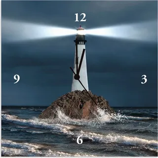 ARTland Wanduhr auf Alu Quarzuhr - schwarzer Zeiger Bild von Leuchtturm mit Lichtstrahl Größe: 30x30 cm - Blau