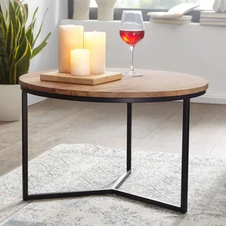 FineBuy Couchtisch Akazie Massivholz rund 60 cm · Kleiner Moderner Design Wohnzimmertisch mit Metallgestell · Handgefertigt Industrial Design - Braun
