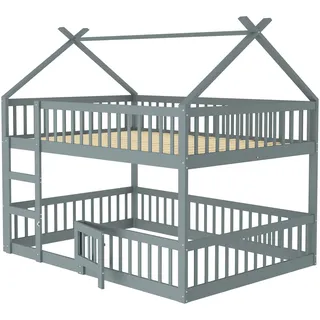 Etagenbett mit 2 Liegeflächen, Lattenrost und Trittleiter, 140x200 cm, Kinderbett mit Rausfallschutz, Kiefer - Grau