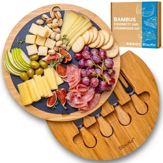 BlauKe Bambus Käsebrett mit Käsemesser Set und Schieferplatte - Servierplatte aus Holz für Käse und Appetithäppchen - 30cm Rund Servierbrett Holz Käseplatte Drehbar - Cheese Board Charcuterie Board