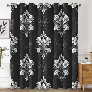 Generisch Schwarz Weiß Damast Vorhänge Wohnzimmer Deko, Barock Blumen Gardinen Blickdicht Schlafzimmer Fenster, Thermo Verdunklungsvorhänge mit Ösen 2er Set, H 160 x B 140 L-C&27