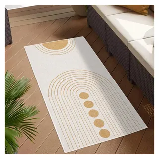 Carpet City Outdoor Teppich Wetterfest 80x150 cm - Creme-Gelb - Wendeteppich, Beidseitiges Kreisförmiges Muster - Balkonteppich Wasserfest Outdoor - Terrassenteppich