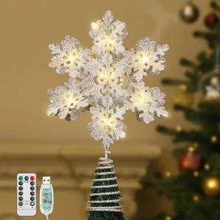Lewondr Weihnachten Schneeflocken Baum Topper, 3D Schneeflocken Treetop USB & Fernbedienung, 13'' Xmas Tree Topper mit LED-Lichtperlen, Weihnachtsbaum Dekoration für Hausparty, Silber