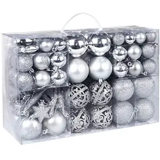 Mocraft Weihnachtskugeln 116er Set Christbaumkugeln Silber Weihnacht Ornamente, Set inkl. Baumspitze Kiefernzapfen Stern Dekoration gemalte Kugel ∅ 30/40/60mm
