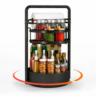URMONA Drehbares Gewürzregal aus Stahl, 2 Etagen mit Papierhandtuchhalter, 360° Lazy Susan mit Edelstahl-Kugellager, stabiler Gewürzorganizer für Küche & Schrank (Schwarz)