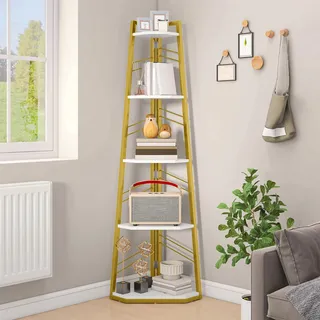 DWVO Eckregal 5 Ebenen, Eckbuchhandel mit Metallrahmen, Industrial Ladder -Bücherregal, Bodenständiges Displayregal, Hoher Speicherregal, für Wohnzimmer, Küche, Schlafzimmer, Gold und Weiß Standregal
