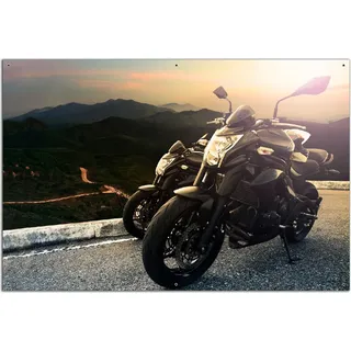 Wallario Outdoor-Poster für Garten oder Balkon, Motiv Motorräder auf einem Berg im Sonnenschein, in ca. 61 x 91,50 cm - Braun
