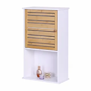 Relaxdays Hängeschrank Bad, 3 Fächer, HBT: 70 x 40 x 20 cm, Schränkchen mit Bambustür, schmaler Wandschrank, weiß/natur