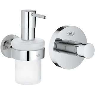 GROHE Essentials | BADACCESSOIRES - Seifenspender | mit Halter | 40448001 & Essentials Bad-Accessoires - Bademantelhaken (Material: Metall) Chrom, 40364001