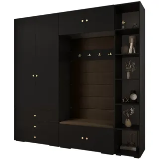 Abiks Möbel Garderoben-Set 236,7/240/47 , Schwarz, Braun, Goldfarben , Metall , Nachbildung , 13 Fächer , 240x236.7x47 cm , Garderobe, Garderoben-Sets & Garderoben-Serien, Garderoben-Sets