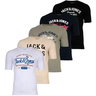 T-Shirt JACK & JONES "T-Shirt JJLEOGRA TEE CREW NECK 5PK 5er Pack", Herren, Gr. L, bunt (schwarz, weiß, blau, grün, beige), Obermaterial: 100% Baumwolle CO., Shirts T-Shirt