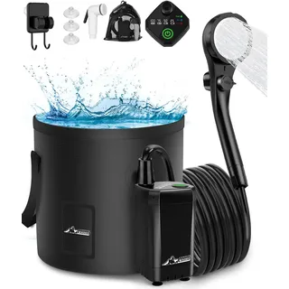 WADEO Tragbare Campingdusche Akku mit Pumpe und Eimer, Camping Dusche Outdoor mit wiederaufladbarem Akku, Mobile Duschen mit Duschkopf und Schlauch, für Camping Reisen Garten Autowaschen - Schwarz