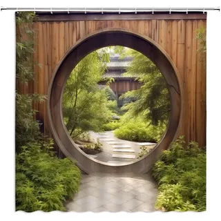 ZWSMZW Japanischer Duschvorhang aus Holz, Wandtor, grüne Pflanze, rustikale Tür, Kreis, Park, Garten, draußen, natürliche Landschaft, Badezimmer-Dekor, Stoffvorhänge mit Haken