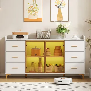 Sweiko 160×44×87cm,weiß,moderner Küchenschrank/Sideboard/6 Schubladen/Glastüren/Fernbedienbare LED-Beleuchtung/Stimmungsbeleuchtung und goldene Metallgriffe,geeignet für Küche,Wohnzimmer,chlafzimmer