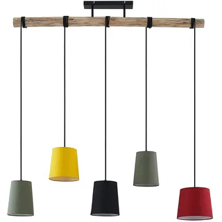 Lindby Esstisch Pendelleuchte Holz Textil, Balkenpendelleuchte Holzast und Stoff Lampenschirm Hängelampe Lampe Wohnzimmer 4x E27 ohne Leuchtmittel