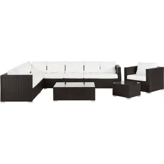 BELIANI Gartenmöbel Set Dunkelbraun Rattan u. Aluminium Modular mit 2 Couchtischen Mehrere Kissen Cremeweiß 8-Sitzer Lounge Set Terrasse Outdoor Modern - Braun, Weiß