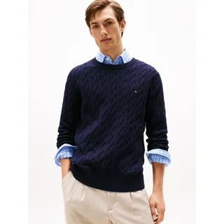 Strickpullover TOMMY HILFIGER "CLASSIC CABLE CREW NECK mit Strukturstrick und Flaglabel", Herren, Gr. L, blau (desert sky), Obermaterial: 100% Baumwolle, normal, Rundhals, Bündchen, Pullover Strickpullover, unifarben, casual, regular fit, Baumwolle, Rundhals