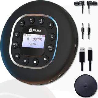 Klim Journey + Tragbarer CD-Player Walkman mit langlebigem Akku + Mit Kopfhörern + Radio FM + Kompatibler MP3-CD-Player + SD-Karte, FM-Transmitter, Bluetooth + Ideal für Autos + Portable CD Player