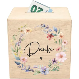 Danke Trinkgeldkasse mit Wildblumen Spardose aus Holz als Kaffeekasse