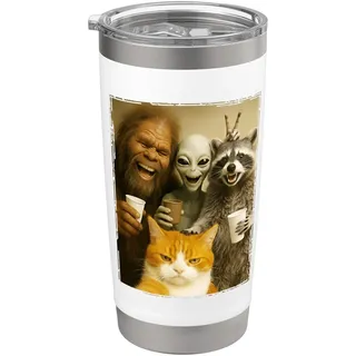 Katzen-Selfie mit Bigfoot; Alien & Racoon | Lustige Katze Doppelwandiger Edelstahl-Thermobecher